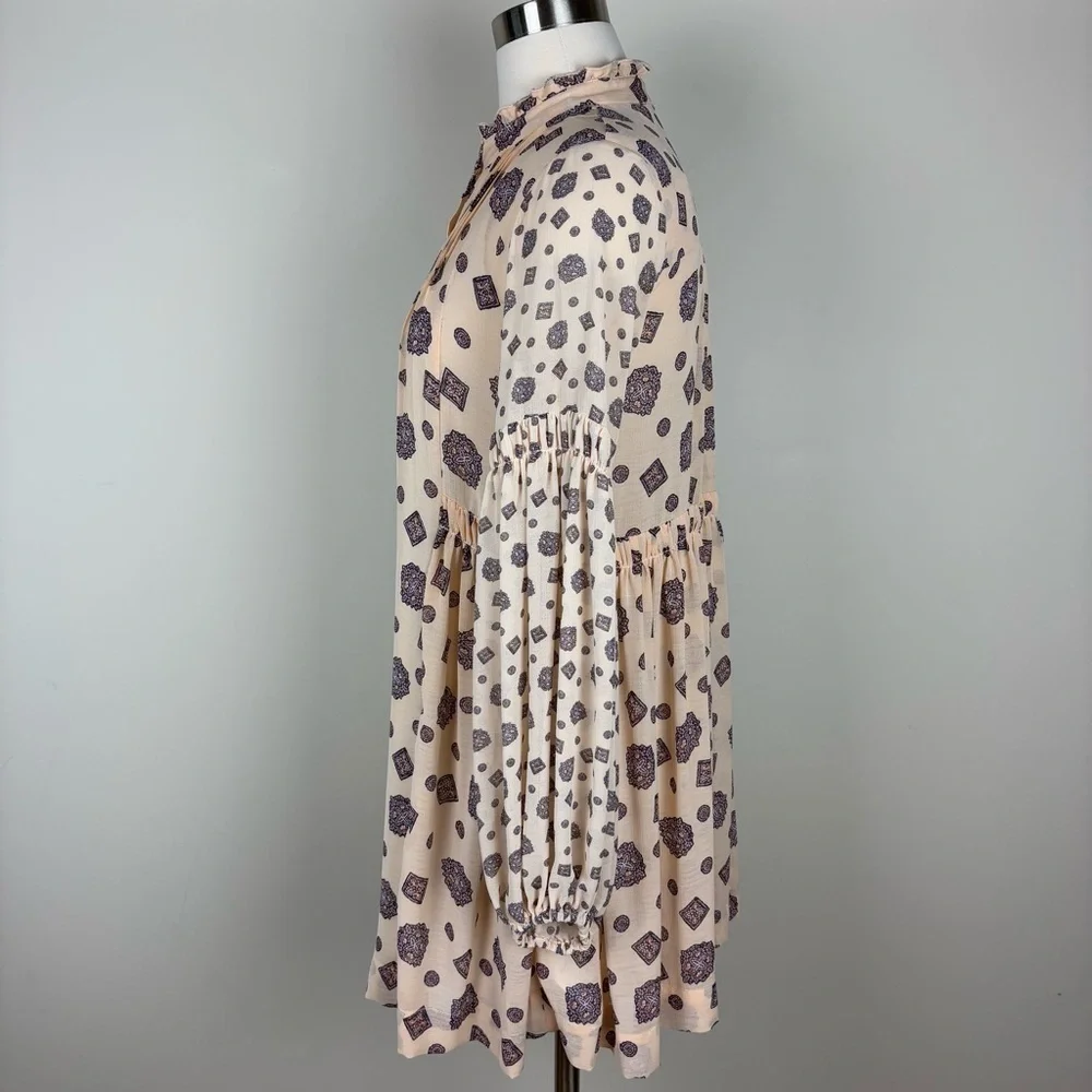 Free People Turn Turn Mini Button Front Dress Sz XS Cream Purple Print Boho Chic